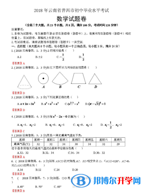 2020年思茅所有中考試卷